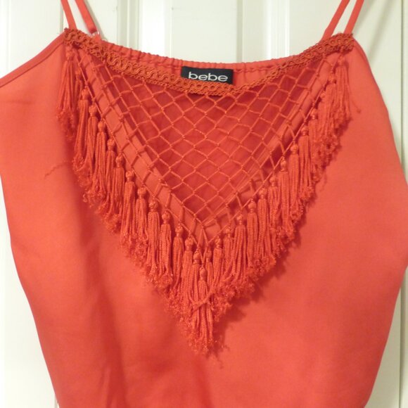 BEBE bright orange satin top with tassels and bubble hem - Picture 4 of 11